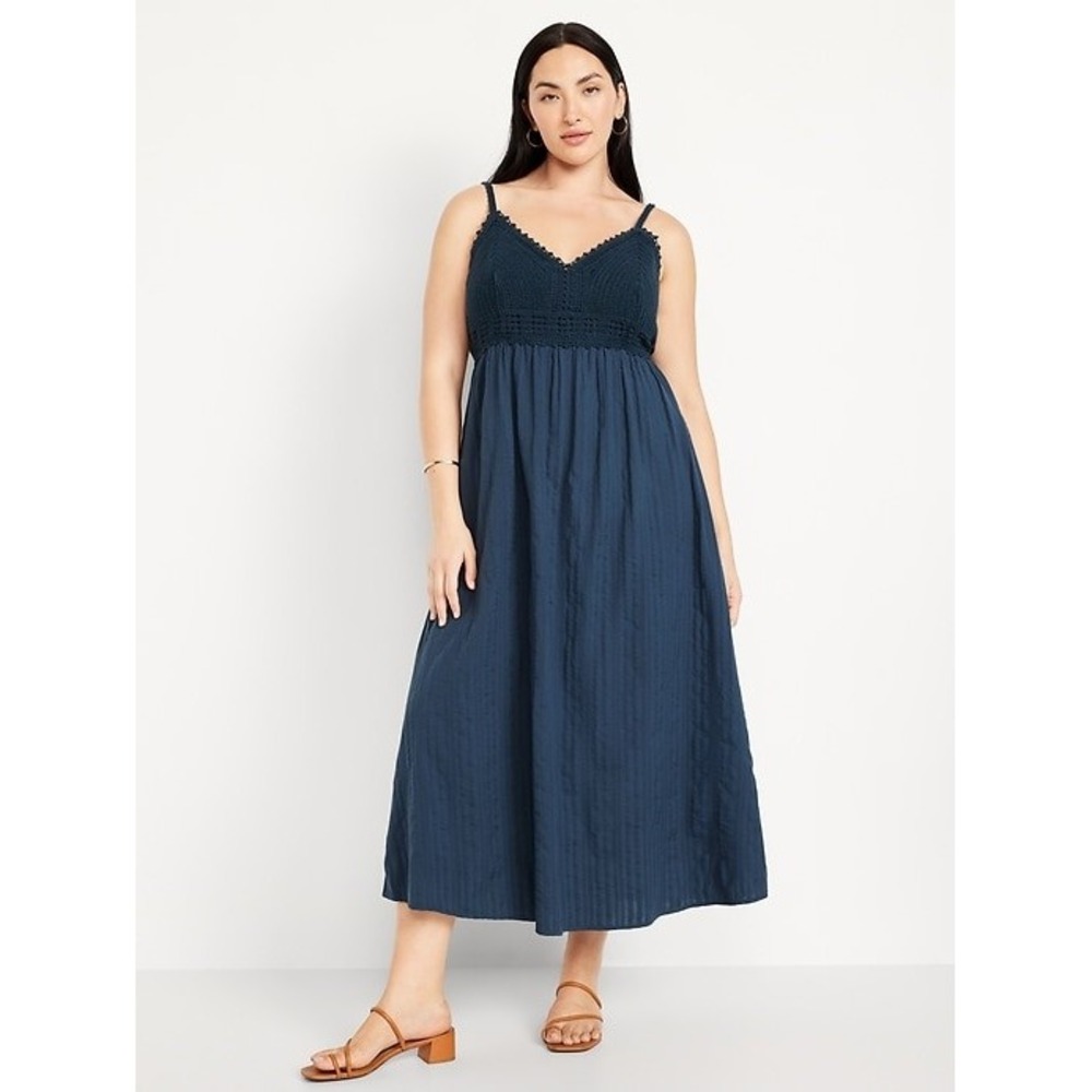 Old Navy Blue Fit & Flare Crochet Bodice Maxi Dress Sz L Boho Babydoll Coastal